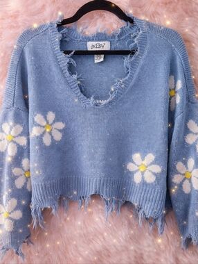 Just Polly Blue Daisy Distressed Cropped Sweater Size L Y2K Grunge